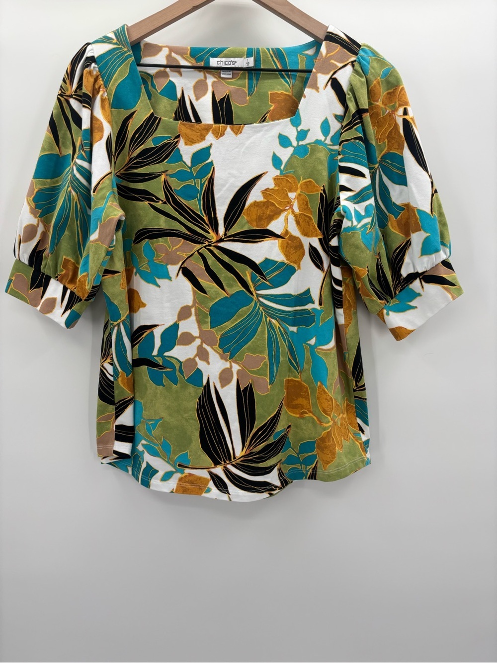 Chico's Multi Palms Teal, Olive & Mustard Floral Square-Neck Puff Sleeve Top M